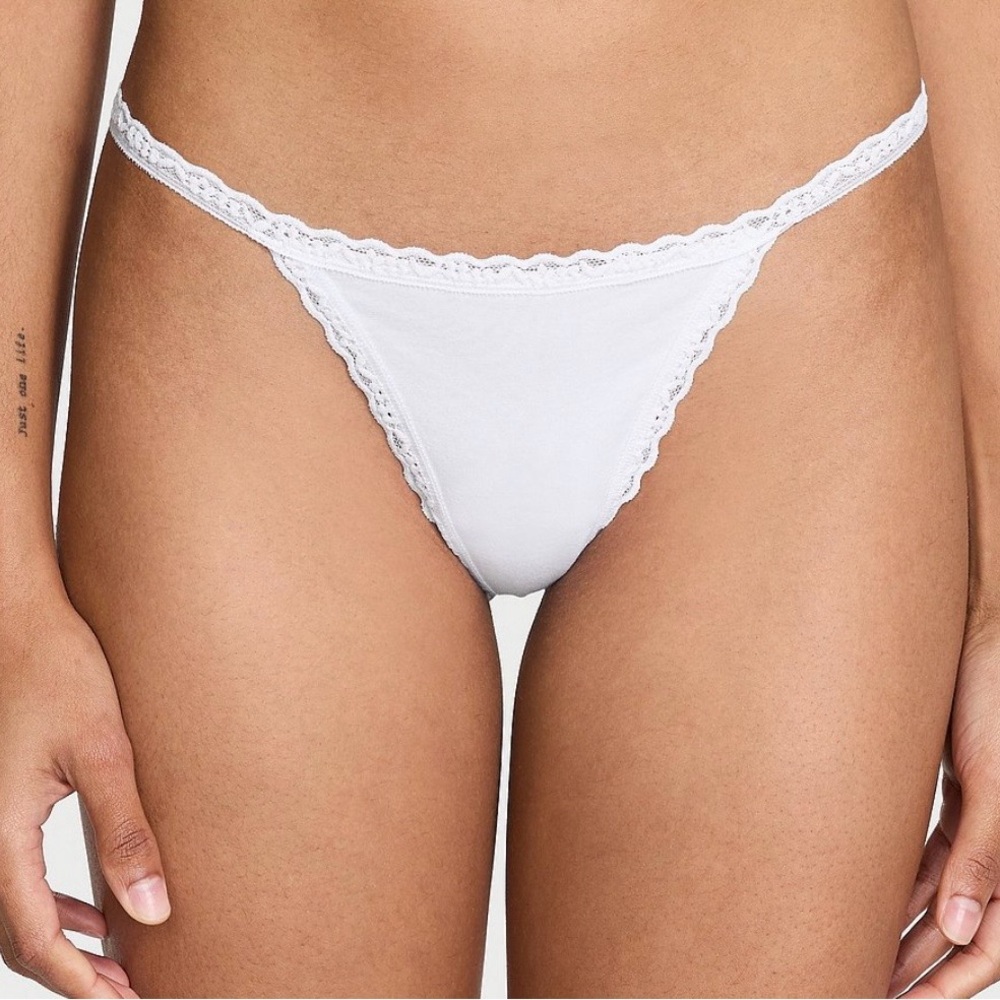White Low Rise Lace Trim Thong Cotton Modal String Panty NWT